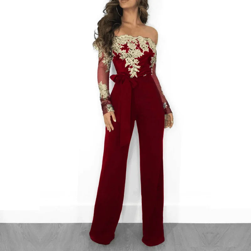 Appliques Lace Patchwork Off Shoulder Jumpsuit for Women with Slash Neck Long Sleeve and Elegant Wide Leg Pants Party Overalls