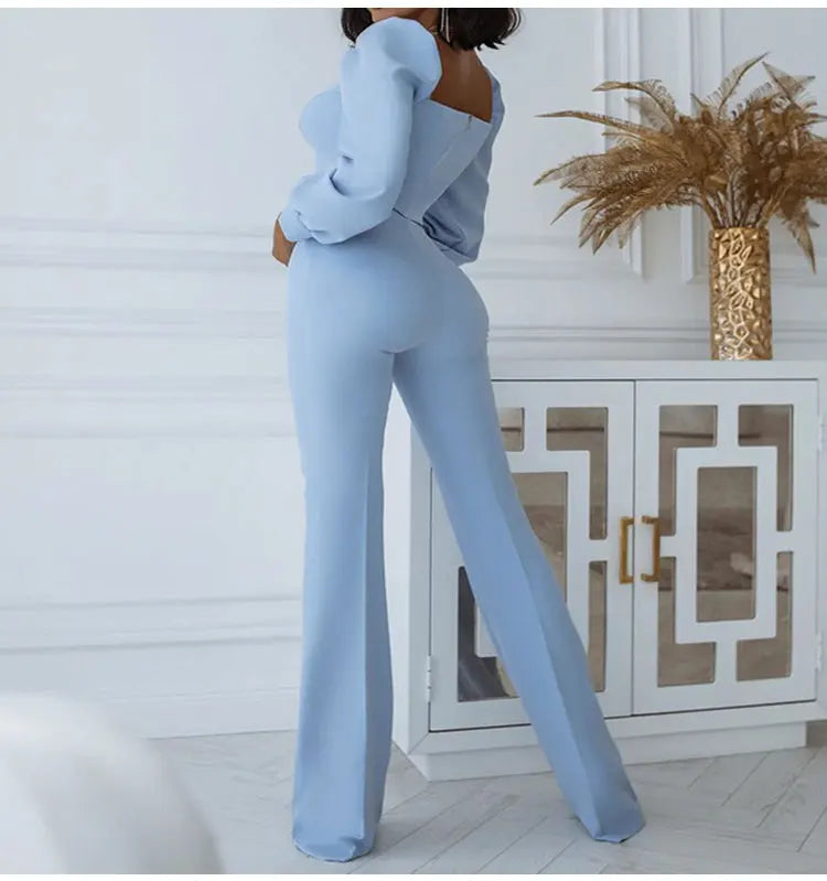 Solid Color Casual Two Piece Set with V-neck Button Lantern Sleeve Top and High Waist Flare Pants for Women