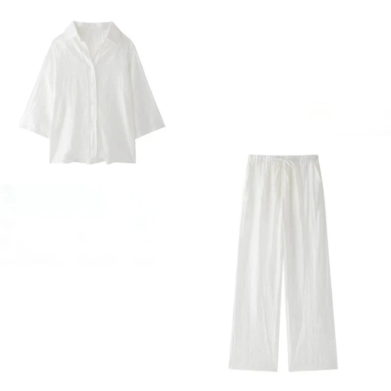 Jacquard Shirt Pants Suit for Women with Lapel Half Sleeve and Pockets, Wide Leg Pant Set for Summer Streetwear