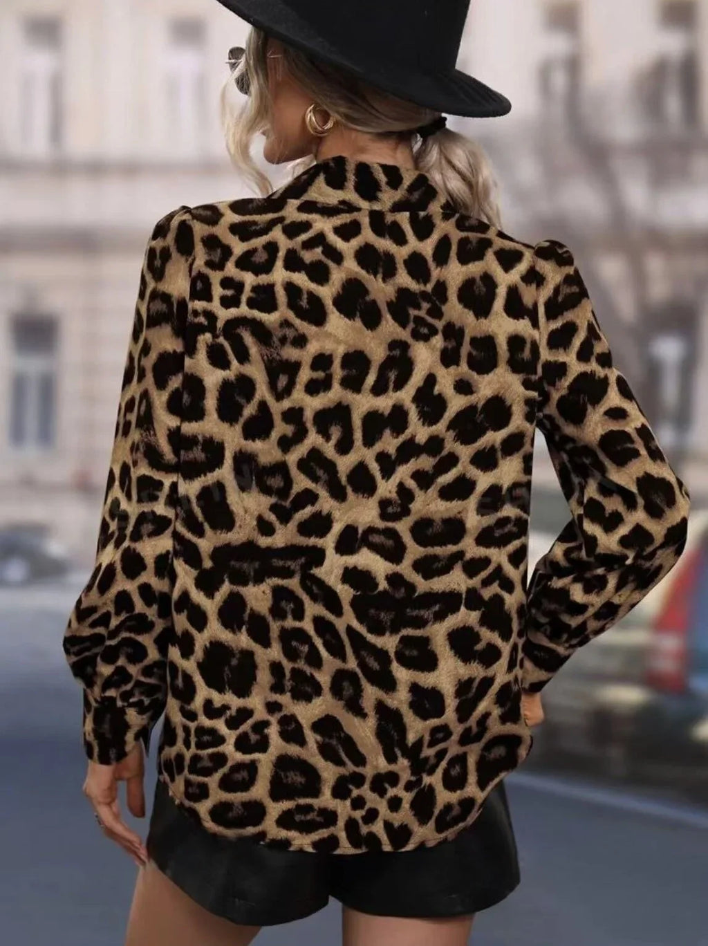 Leopard Print Slim Fit Blouse with Bubble Sleeves Stylish Autumn Shirt for Women