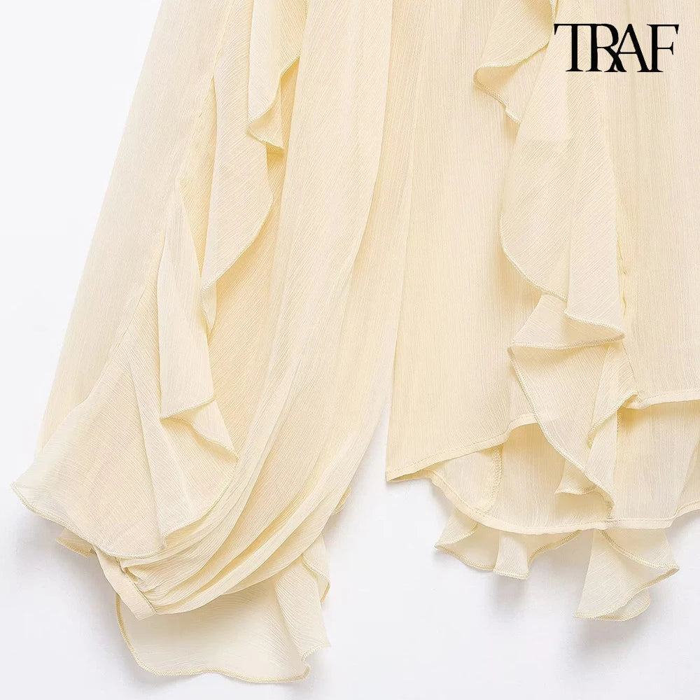 Elegant Solid Color Multi-Layered Ruffle V-Neck Sheer Long Sleeve Loose Blouse for Women