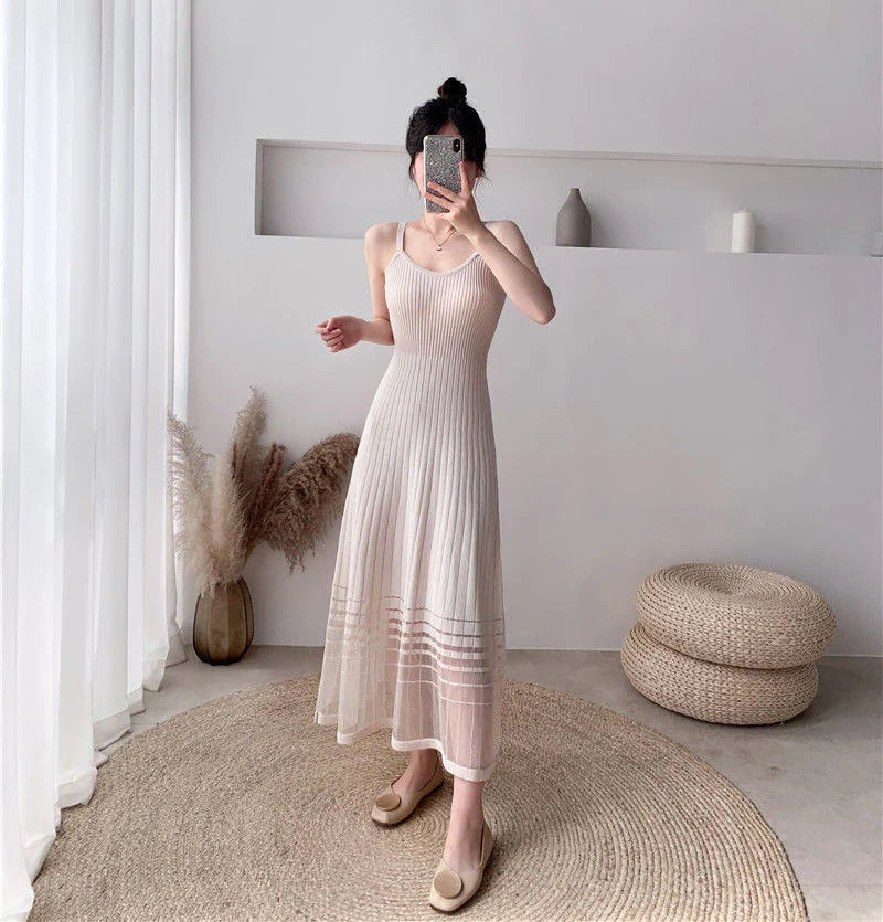 Striped Midi Dress Mesh Korean Patchwork Spaghetti Strap