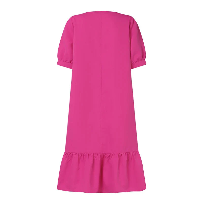 Knee Length Puff Sleeve Dress Women Casual A Line Style
