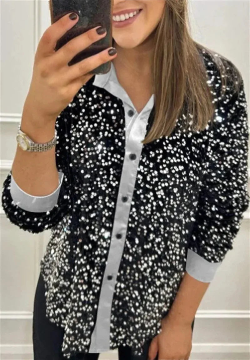 Sequin Lapel Women's Black Shirt Casual Glitter Loose Long Sleeve Single Breasted Retro Party Top Streetwear