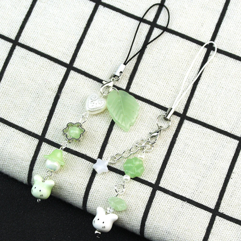 Handmade Four Leaf Clover Beaded Phone Charm Cute Cat Totoro Keychain Cybercore Cell Phone Chain Pendant Bag Decor