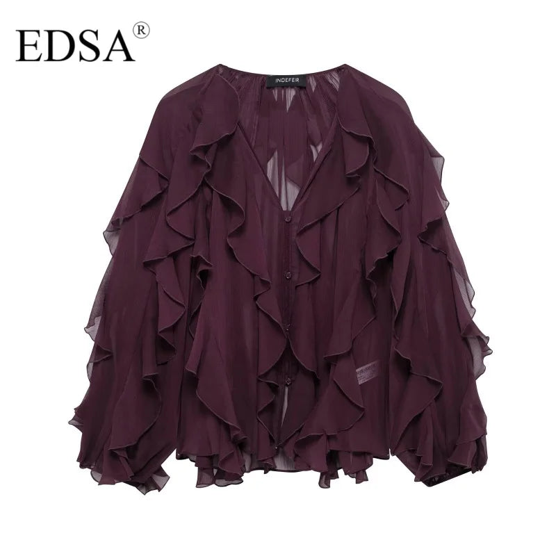 Semi-Sheer Ruffle V-Neck Blouse for Women Long Sleeve Button-Up Lightweight Spring Summer Top