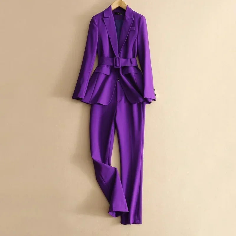 Women's Purple Pantsuit Set With Belt Blazer And Pants