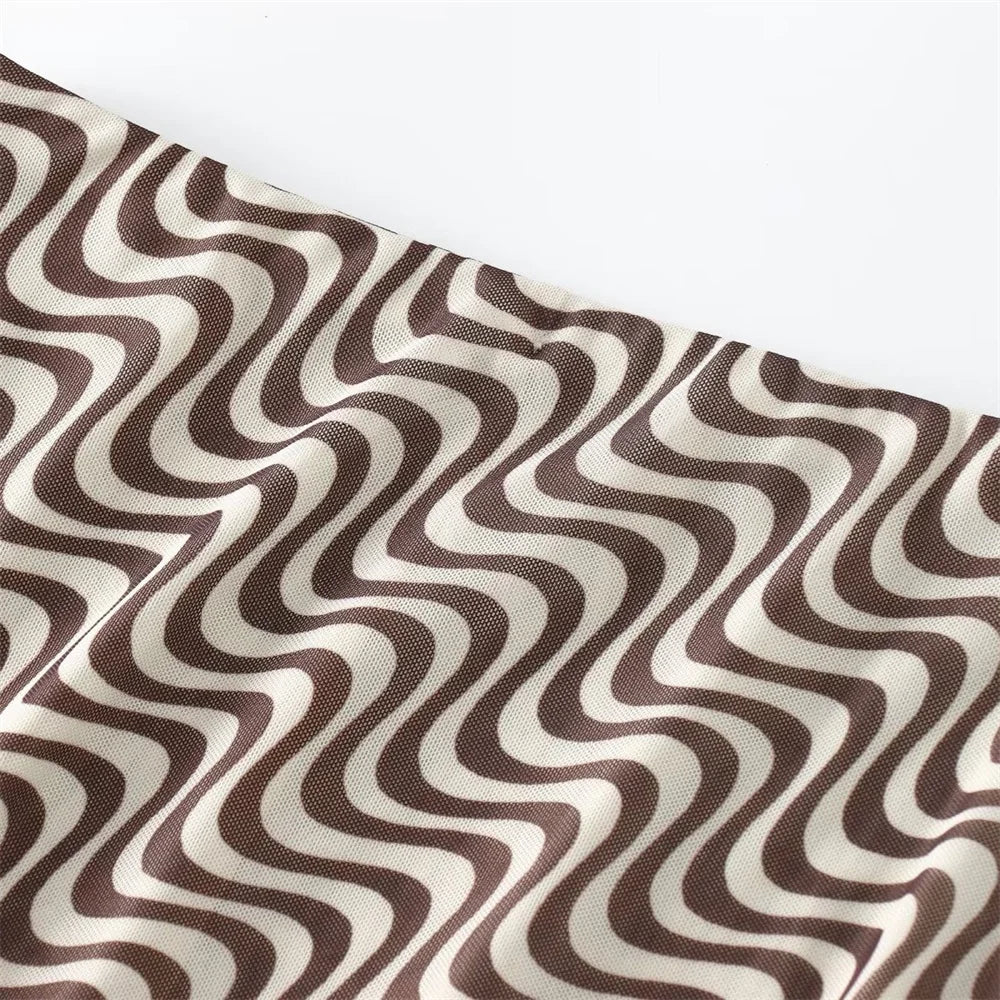 Women's Silk Screen Print Hanging Neck Open Back Top with High Waist Slimming Skirt Set Summer Fashion Two-Piece Outfit