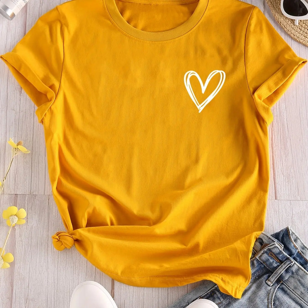 Heart Print Casual T-Shirt for Women, Crew Neck Short Sleeve Everyday Top
