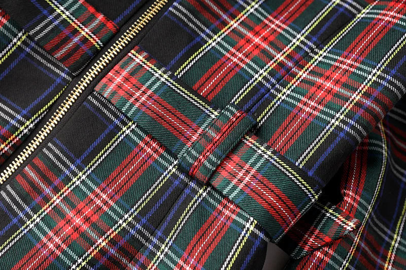 Black Red Plaid Blazer Dress With Belt For Office Women