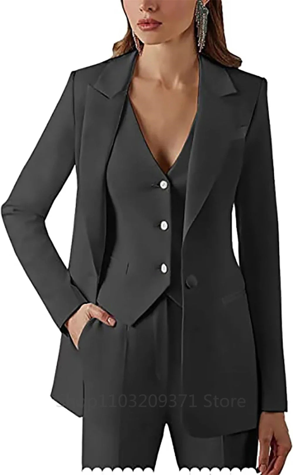Elegant Women's Three Piece Black Suit Set with Custom Tailored Designer Cotton Coat, Stylish Vest, and Tailored Pants for Formal Events and Special Occasions