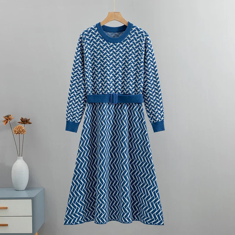 Jacquard Knit Sweater Dress With Belt Elegant Pleated Maxi