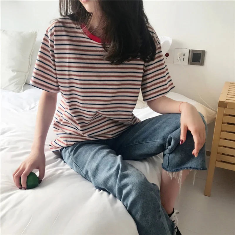Korean Loose Striped T-shirts for Women Short Sleeves Round Neck Casual Top