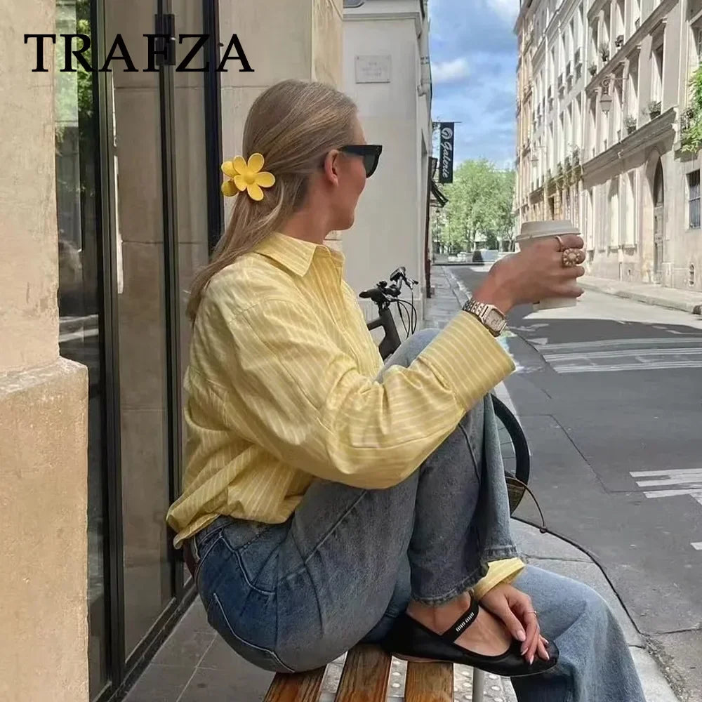 Casual Women Striped Butter Yellow Shirt Vintage Thin Fabric Turn-Down Collar Single Breasted Button-Up Top