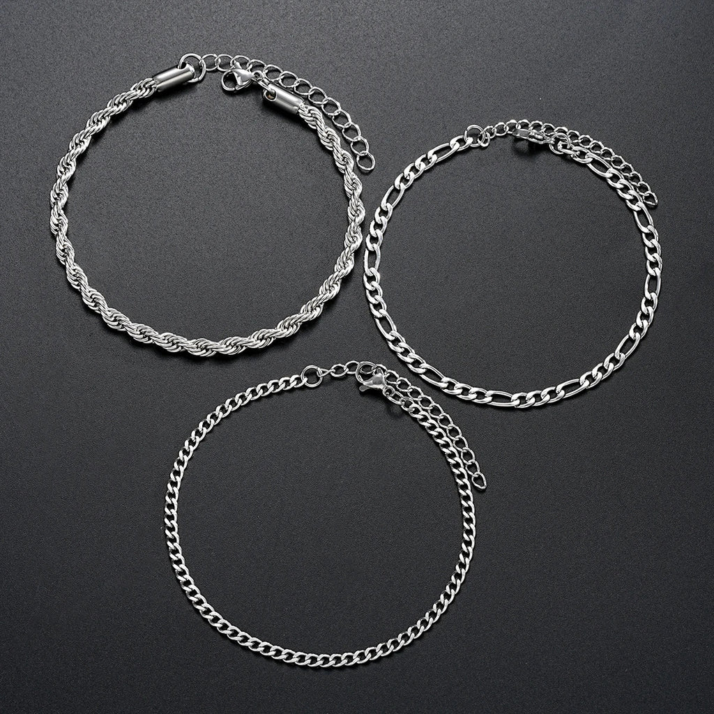 3 Piece Stainless Steel Cuban Chain Bracelet Set for Men Minimalist Silver Hip Hop Fashion Jewelry Gifts