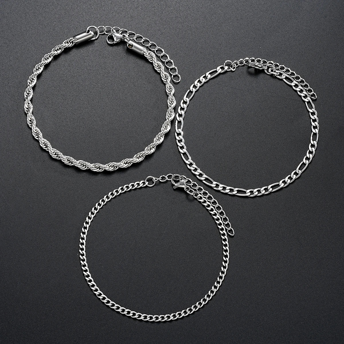 3 Piece Stainless Steel Cuban Chain Bracelet Set for Men Minimalist Silver Hip Hop Fashion Jewelry Gifts
