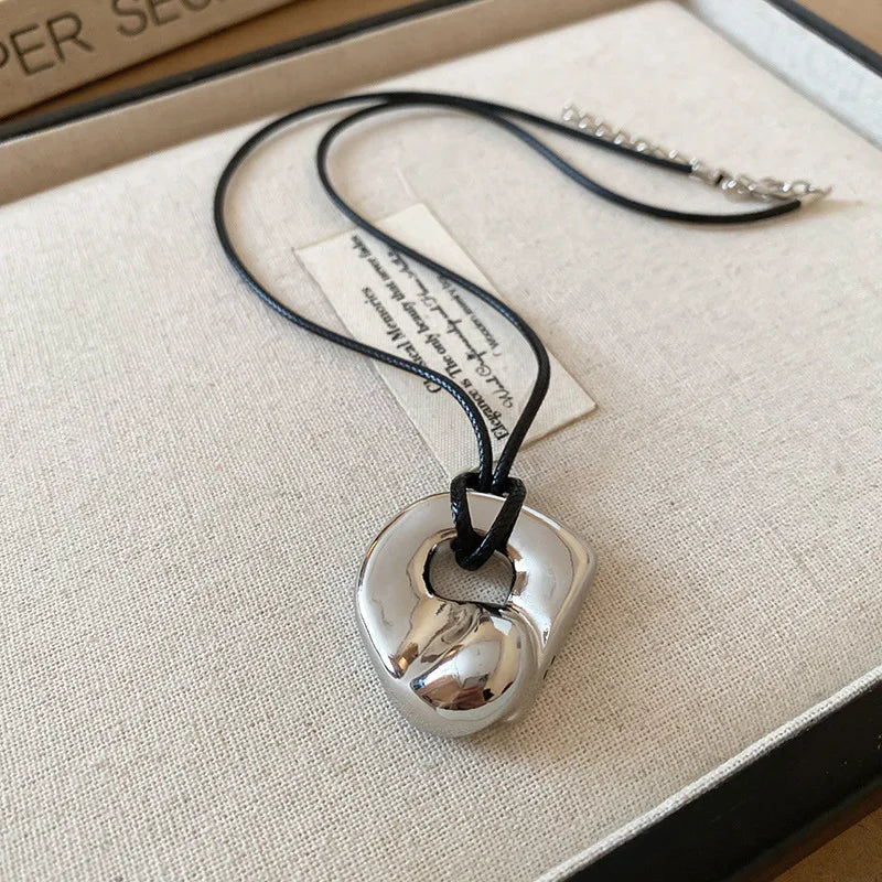 Punk Large U-Shape Geometric Pendant Necklace for Men and Women Adjustable Leather Rope Sweater Chain Jewelry