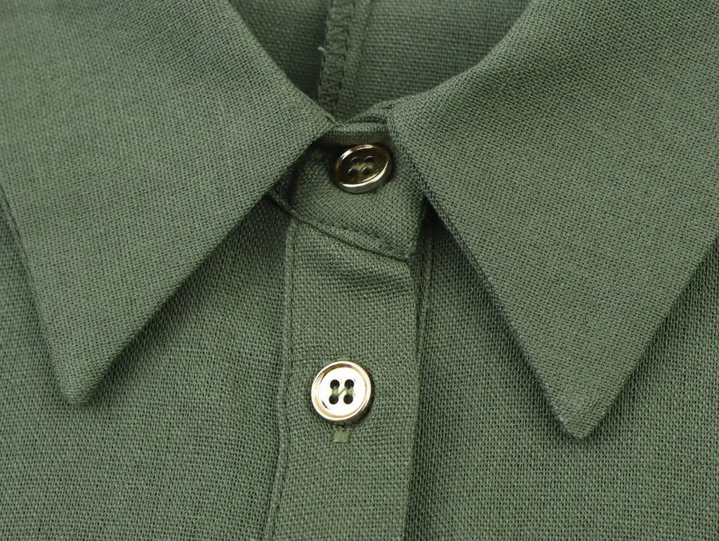 Women's Blended Lace-Up Lapel Shirt Short-Sleeve Single-Breasted Waist Pocket Casual Chic Top for Spring and Summer