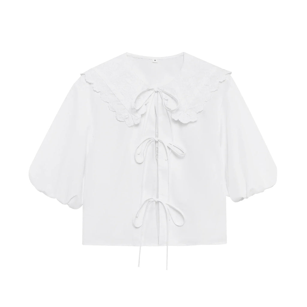 Women's Embroidered Lace-Up Poplin Shirt with Peter Pan Collar Puff Sleeves Loose Hem Casual Chic Top for Spring and Summer