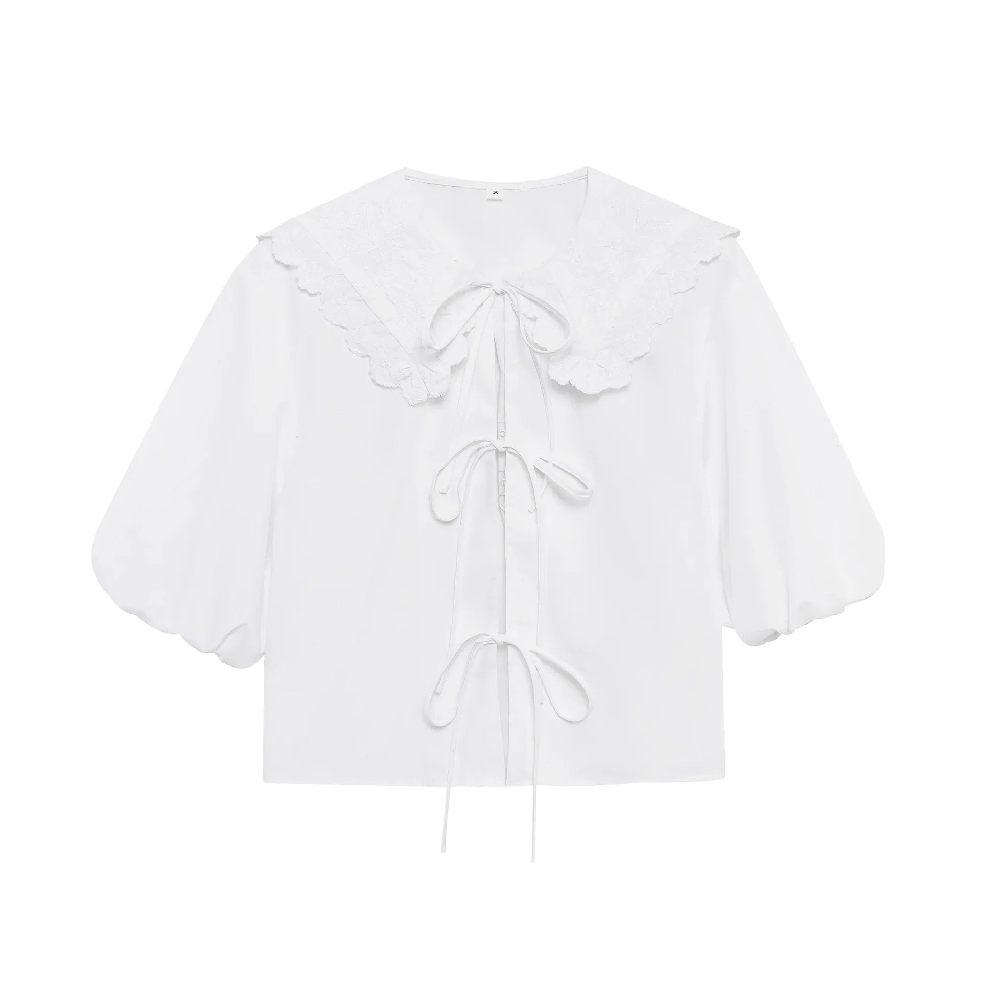 Women's Embroidered Lace-Up Poplin Shirt with Peter Pan Collar Puff Sleeves Loose Hem Casual Chic Top for Spring and Summer