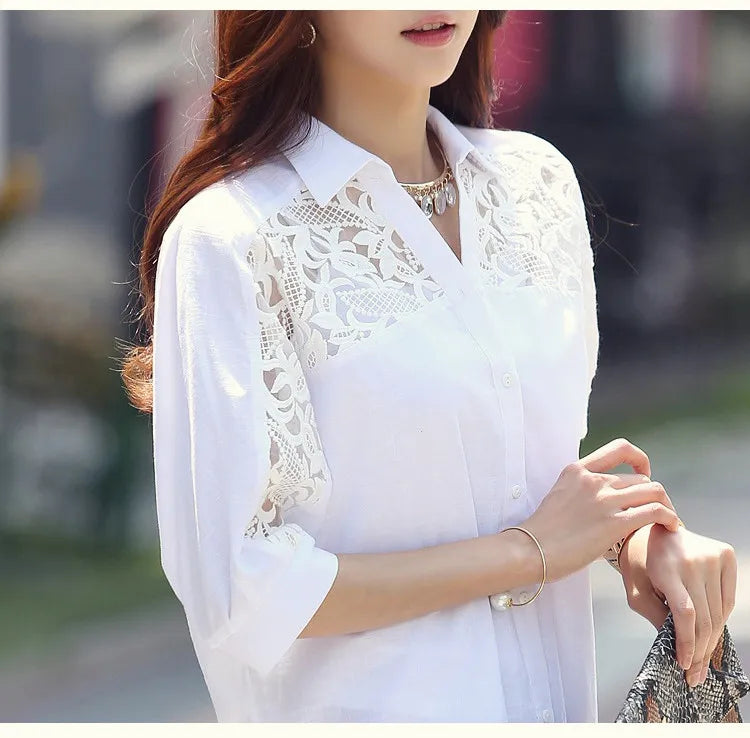 Sexy White Lace Patchwork Chiffon Button-Up Shirt for Women Casual Loose Half Sleeve Blouse Summer Top