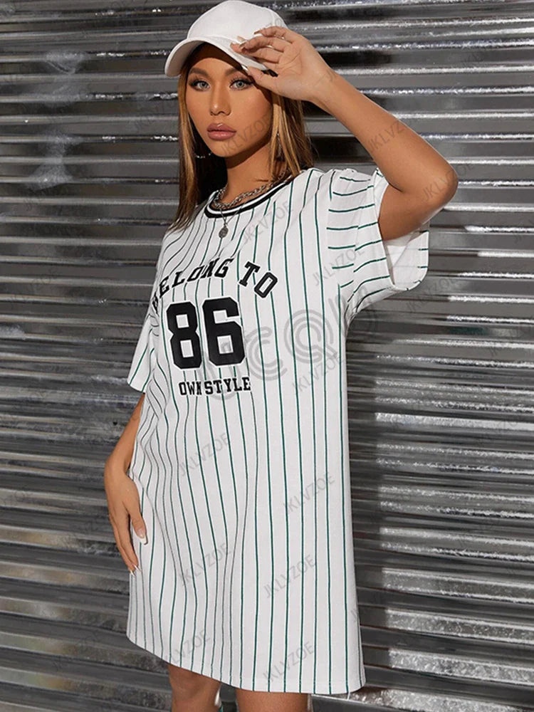 Printed Striped T Shirt Dress For Women Casual Streetwear
