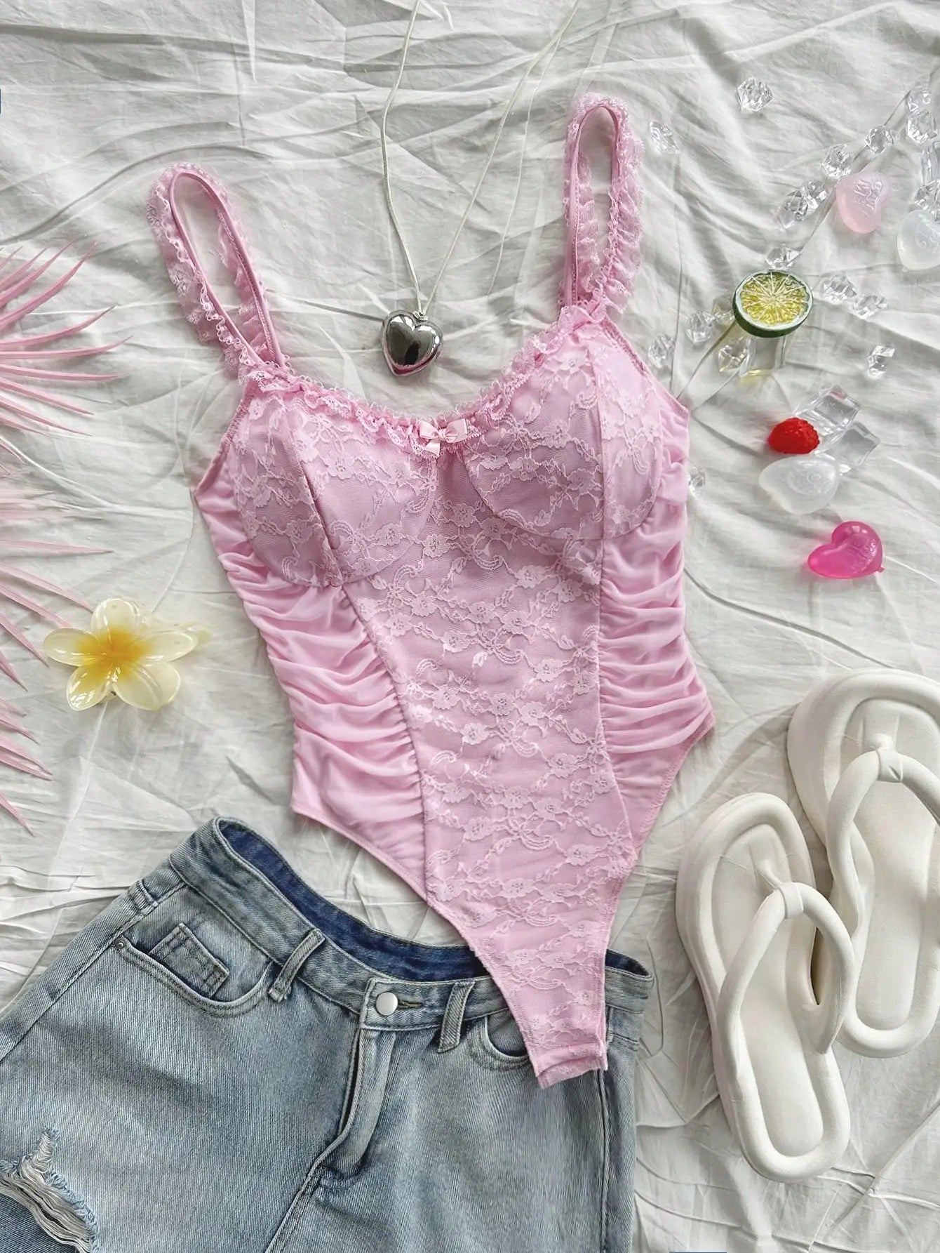 Romantic Lace Knit Sling Jumpsuit with Wooden Ear Edge Casual Vintage Holiday Dress for Women