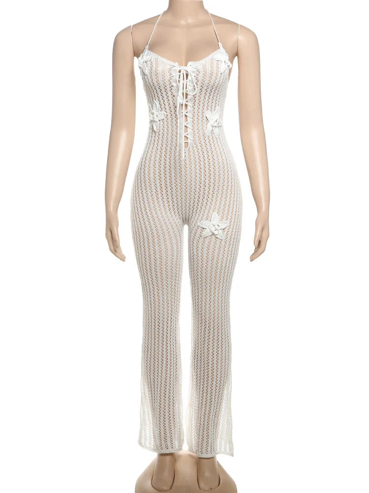 Knitted Floral Women Jumpsuit Sexy Pleated Halter Neck Bandage Low Back Skinny Overalls Trendy Solid Streetwear