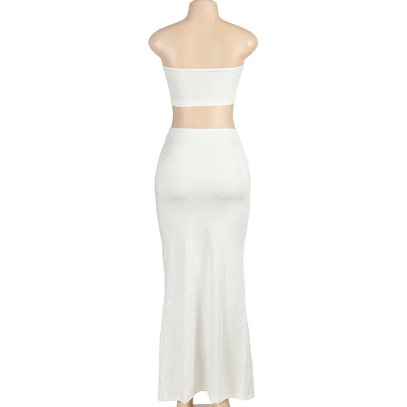 Solid Color Sleeveless Tube Top with High Waist Slim Long Skirt Set for Women Summer Chic Fashion
