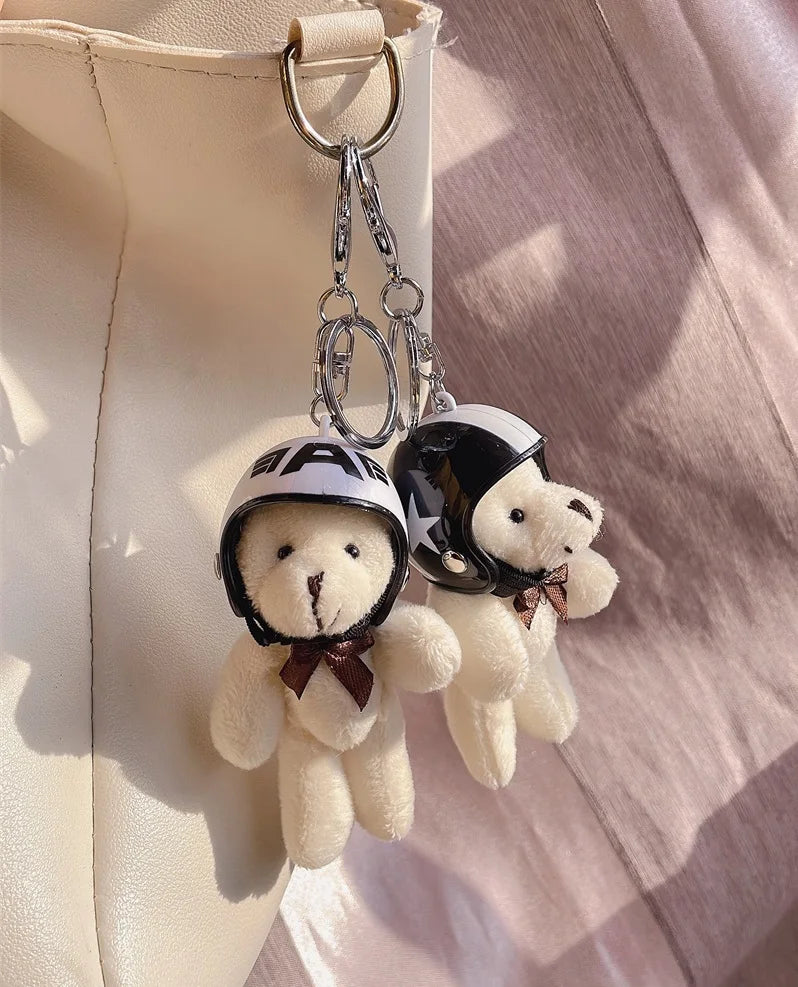 Helmeted Bear Charm Keychain Plush Ornament for Bags and Backpacks