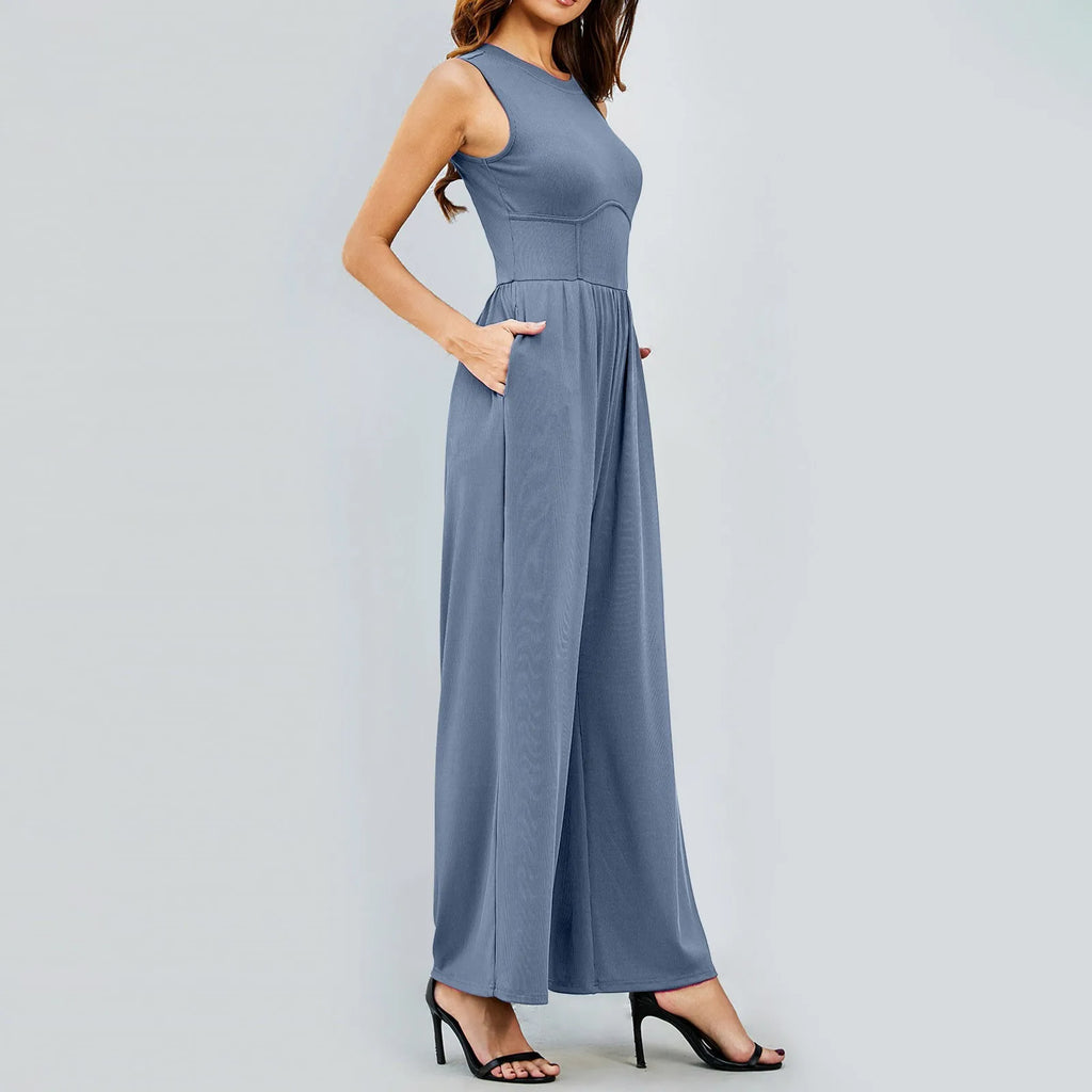 Women Sleeveless High Neck Ribbed Tank Top Jumpsuit Wide Leg Pants Romper with Tummy Control and High Waist Casual Summer Outfit