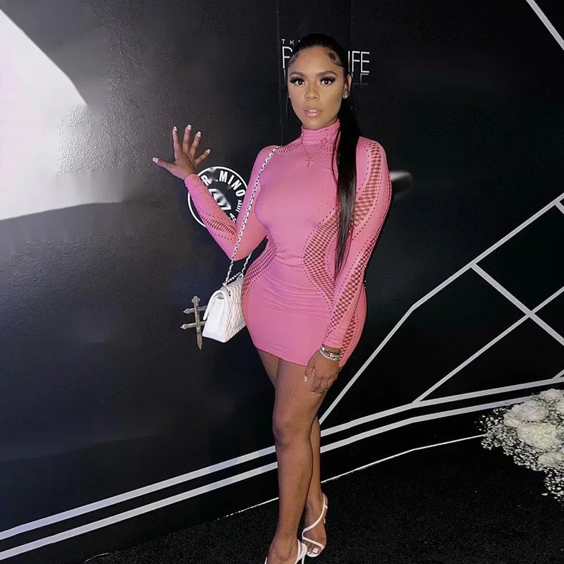 Sexy Hollow Out Mesh Long Sleeve Bodycon Mini Dress