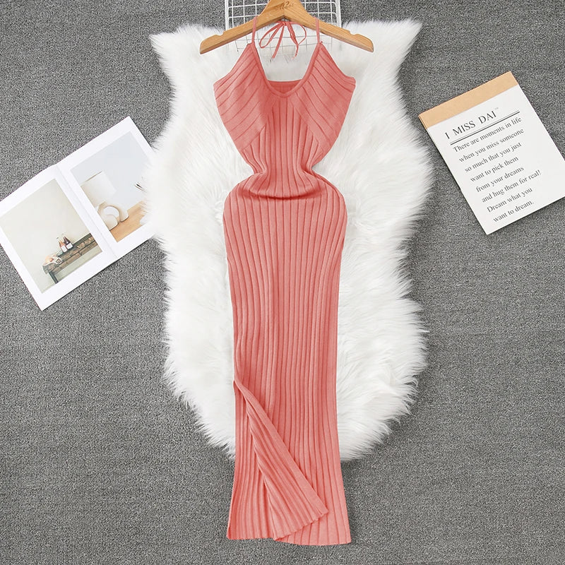 Ribbed Knit Bodycon Wrap Dress With Split Hem For Summer