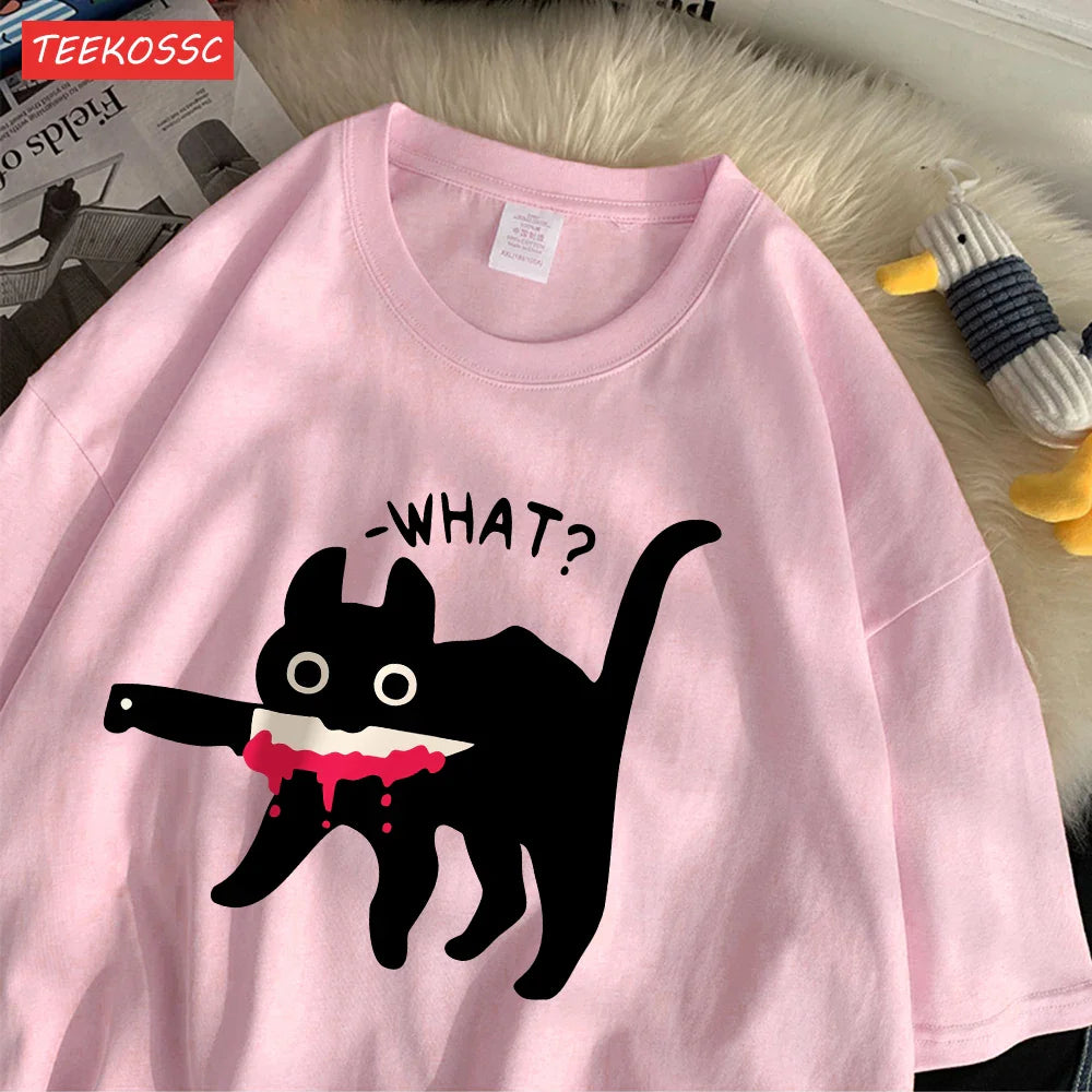 Summer Cotton Women's T-Shirts with Black Cat Print Casual Oversize O-Neck Streetwear for Daily Life and Dating