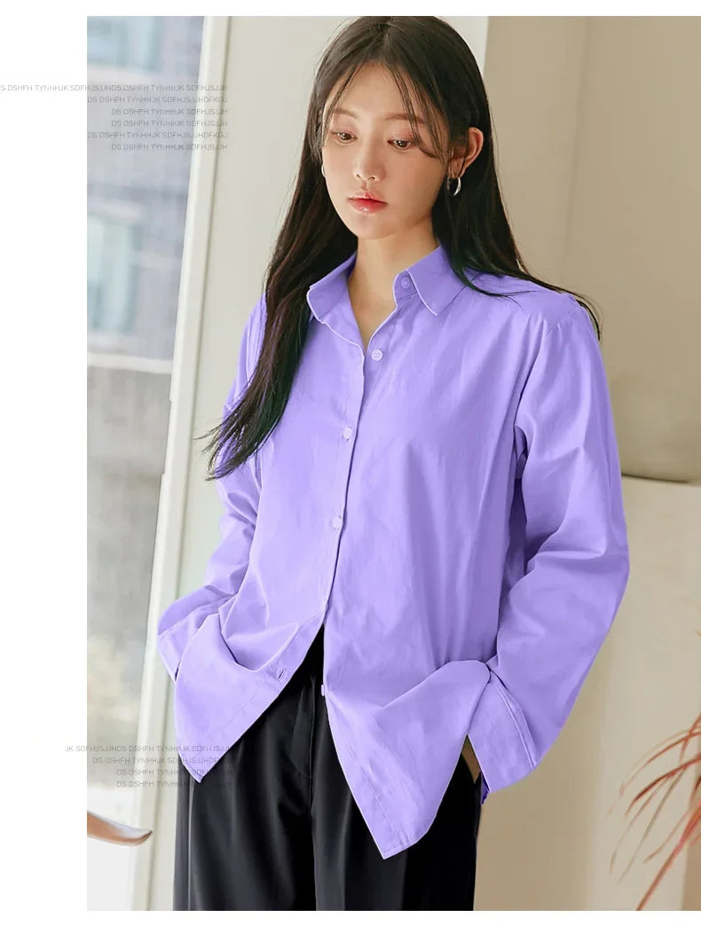 Women's Casual Loose Fit Long Sleeve Lapel Shirt 100 Percent Cotton Pure Color Versatile Layering Top for Spring and Autumn
