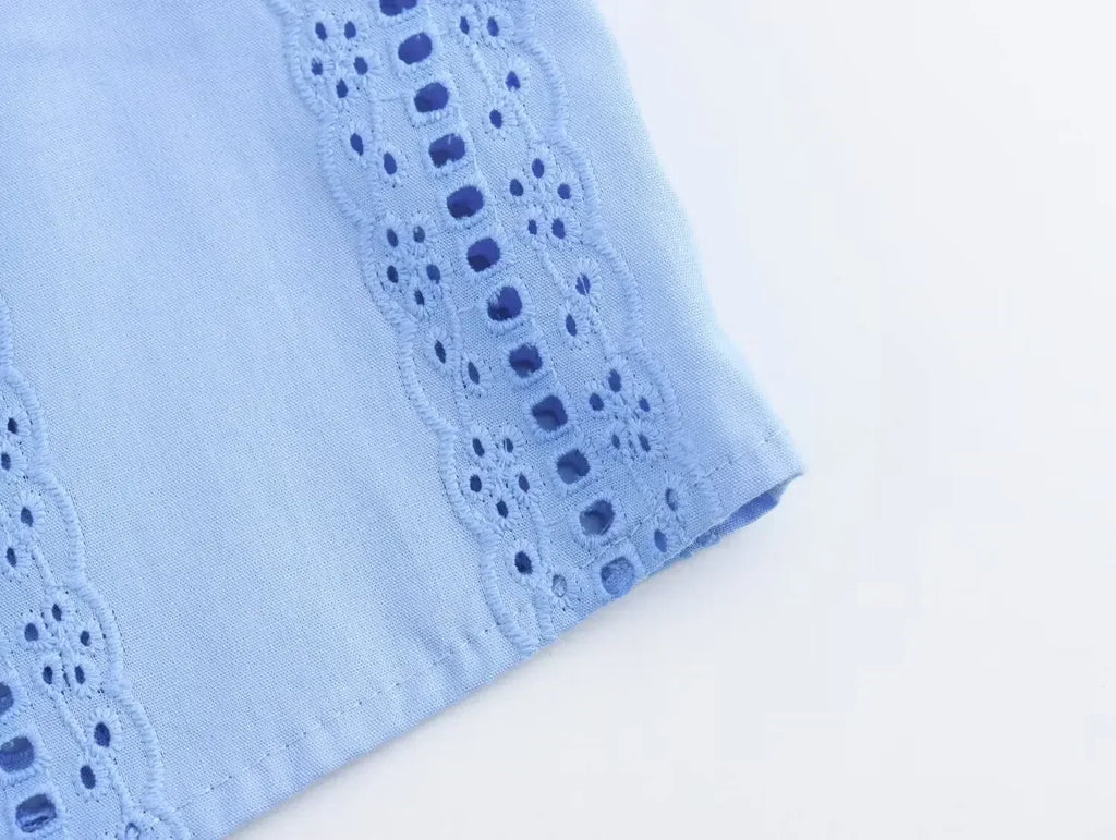 Loose Lace-Up White Shirt for Women Elegant Hollow Out Embroidered Puff Sleeve Cropped Top