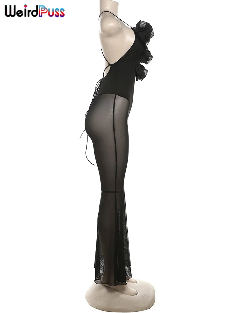 Weird Puss Blossoms Deep V-Neck Sleeveless Backless Jumpsuit for Women with Elastic Mesh Patchwork Skinny Stretch Flare Overalls