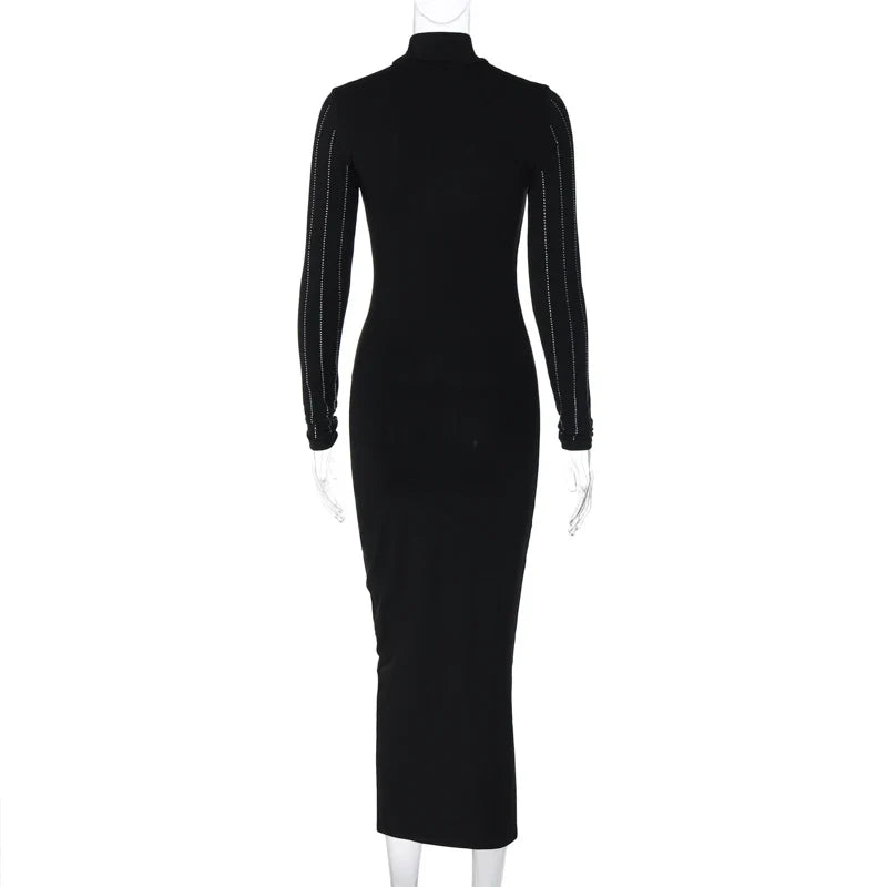 Sequined Bodycon Black Midi Dress Turtleneck Long Sleeve