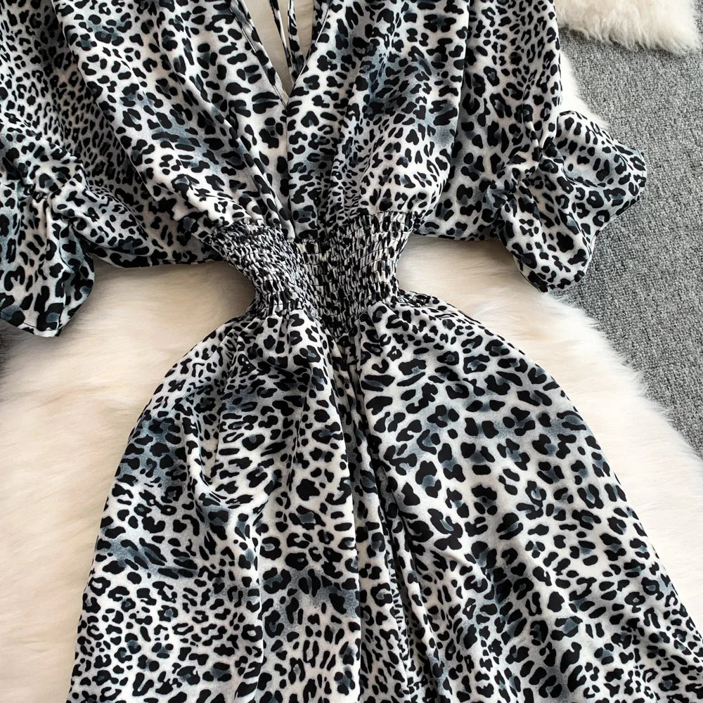 Women's Summer V-Neck Leopard Print Lace-Up Jumpsuit Short Sleeve Loose Fit Playsuit Overalls with Elegant Ruffle Detail