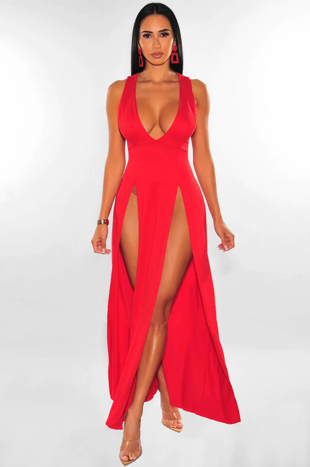 Backless V Neck Sleeveless Maxi Dress With Slit For Party