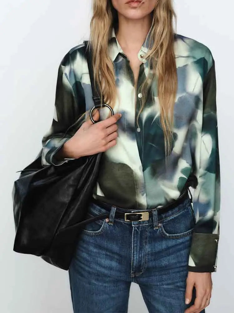 Elegant Printed Silk Satin Lapel Long Sleeve Shirt for Women with Soft Texture and Stylish Fit