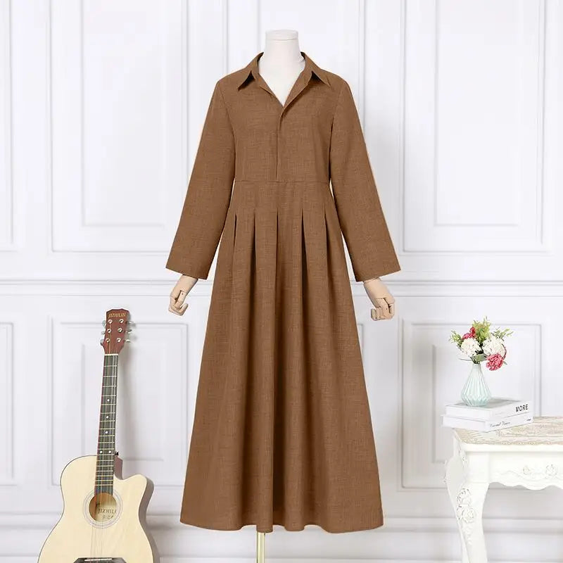 Women Long Sleeve Maxi Dress Office Casual Solid A Line