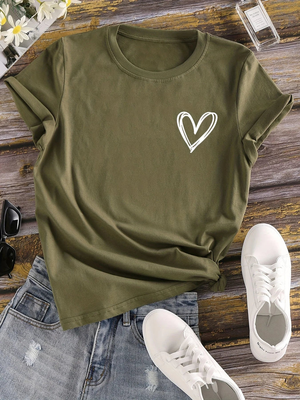 Heart Print Casual T-Shirt for Women, Crew Neck Short Sleeve Everyday Top