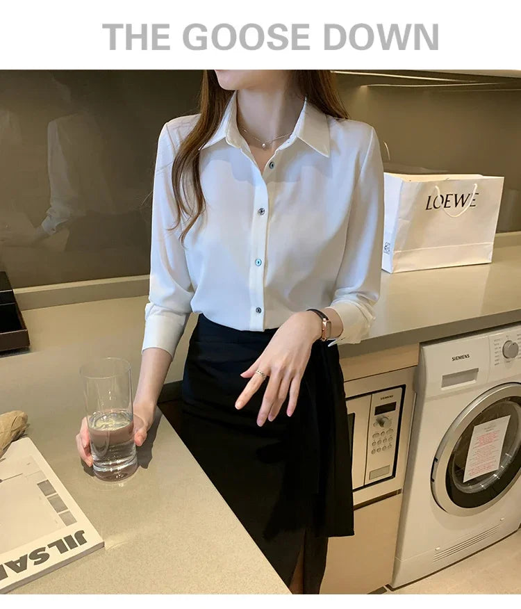 Elegant Satin Long Sleeve Blouse for Women Casual Office Shirt Solid White Basic Top