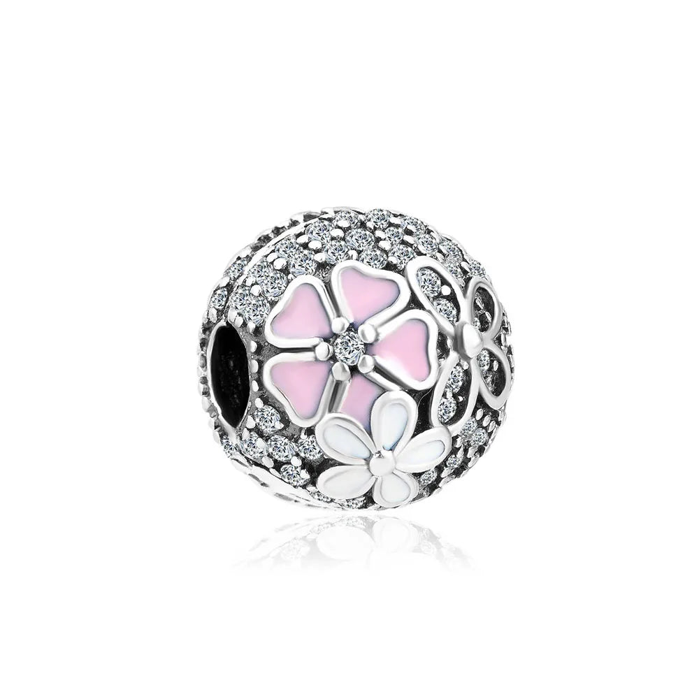 Pink Flower Caterpillar DIY 925 Sterling Silver Bead for Bracelet Bangle Jewelry Accessories