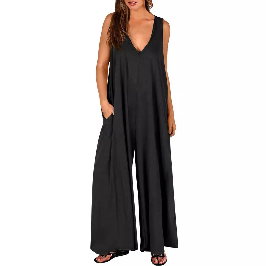 Summer Casual Women's Lightweight Pocket Jumpsuit Breathable Thin Fabric Romper for Daily Wear