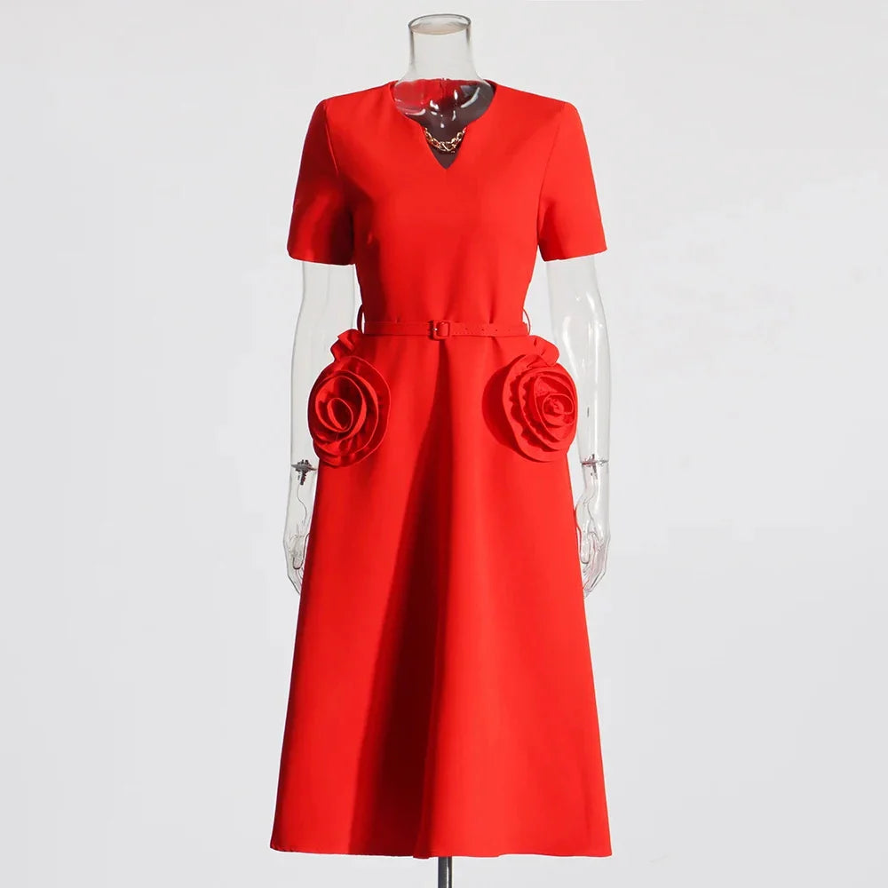 Hollow Out Patchwork Dress For Women V Neck Long Belted