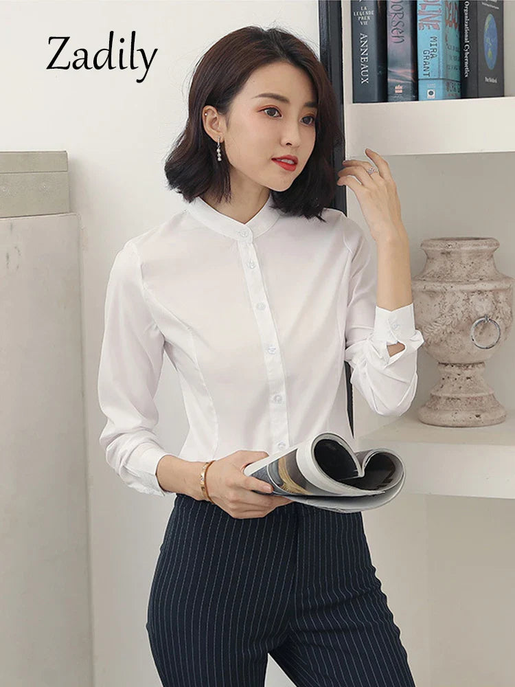 Women's Long Sleeve White Basic Shirt Blouse Stand Neck Tunic Button Up Office Work Top All Season