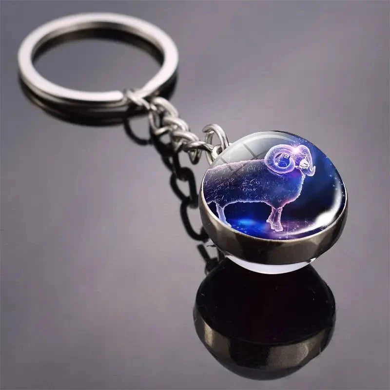 Luminous Zodiac Key Chain Double Sided Glass Ball Pendant for Men and Women Birthday Gift