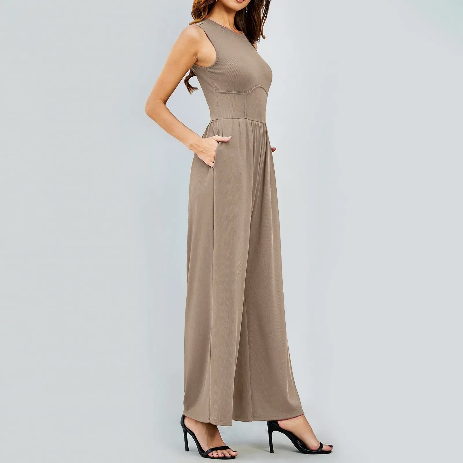 Women Sleeveless High Neck Ribbed Tank Top Jumpsuit Wide Leg Pants Romper with Tummy Control and High Waist Casual Summer Outfit